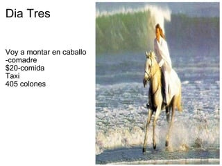 Dia Tres   Voy a montar en caballo -comadre $20-comida Taxi 405 colones   