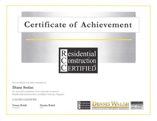 Residential Construction Certified Award