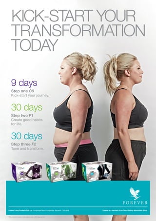 Forever Living Products (UK) Ltd, Longbridge Manor, Longbridge, Warwick, CV34 6RB Forever is a member of the Direct Selling Association (DSA).
9 days
Step one C9
Kick-start your journey.
30 days
Step two F1
Create good habits 	
for life.
30 days
Step three F2
Tone and transform.
KICK-START YOUR
TRANSFORMATION
TODAY
This transformation took place over a 69 day period.
 