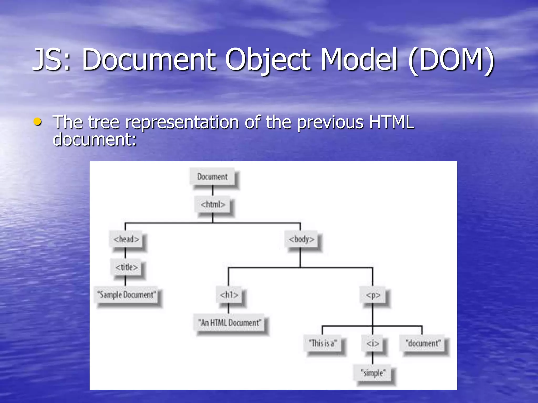JS: Document Object Model (DOM)
• The tree representation of the previous HTML
document:
 