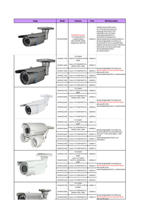 Image     Model              Features            Price              Brief Description


                                                        ●WDR camera,OSD menu
                                                        ●1/3"SonyCCD,0.0003LUX
                                                        ●Sens-up,AGC/SHUTTER
                                                        ●WDR/BLC/ECLPSUltral
                        RealWDR Camera
                             -                          ●High Resolution600TVL
                        1/3" SONY 600TVL                ●3D-DNR, 6X DigitalZoom
        BH-WIC-WDR        LowIllumination       US$84.0 ●Motiondetection,privacy marskMirror
                        OSD,R-WDR,3DNR                  ●Externallyadjustfor Zoom&Focus
                        Digitalzoom,MD,PM               ●Varifocal2.8-12mm Lens(2M Pixels)
                                                        ●Option VarifocalLens:4-9/5-15/8-20mm
                                                        ●60 pcs IR LEDs ,60 pcs IR LEDs
                                                        ●Illuminatedistance 50m
                                                        ●LowIllumination,


                          1/3" SONY
        BH-WIC1-700 7000TVL,EFFIO,ATR,OSD US$59.0
                            ,DNR

                      Color 1/3" SONY650TVL,,
        BH-WIC1-650                           US$57.0
                         DWDR, OSD, DNR
                                                     ●Externallyadjustfor Zoom&Focus
        BH-WIC1-650   Color 1/3" SONY650TVL, US$55.0 ●Varifocal2.8-12mm Lens (2M Pixels)
                                                     ●60 pcs IR LEDs
                                                     ●Illuminatedistance 50m ,LowIllumination
        BH-WIC1-540   Color 1/3" SONY540TVL, US$55.0

        BH-WIC1-480   Color 1/3" SONY480TVL, US$49.0

        BH-WIC1-420   Color 1/3" SONY420TVL, US$42.0

                           1/3" SONY
        BH-WIC2-700   700TVL,EFFIO,ATR,OSD, US$56.0
                              DNR

                      Color 1/3" SONY650TVL,
        BH-WIC2-650                          US$54.0
                        DWDR, OSD, DNR
                                                     ●Externallyadjustfor Zoom&Focus
        BH-WIC2-650   Color 1/3" SONY650TVL, US$52.0 ●Varifocal2.8-12mm Lens (2M Pixels)
                                                     ●42 pcs IR LEDs
                                                     ●Illuminatedistance 40m ,LowIllumination
        BH-WIC2-540   Color 1/3" SONY540TVL, US$52.0

        BH-WIC2-480   Color 1/3" SONY480TVL, US$46.0

        BH-WIC2-420   Color 1/3" SONY420TVL, US$39.0

                           1/3" SONY
        BH-WIC3-700   700TVL,EFFIO,ATR,OSD, US$71.0
                              DNR

                      Color 1/3" SONY650TVL,,
        BH-WIC3-650                             US$69.0
                         DWDR, OSD, DNR                 ●Externally adjustfor Zoom&Focus
                                                        ●Varifocal8-20mm Lens (2M Pixels) ,
        BH-WIC3-650   Color 1/3" SONY650TVL     US$67.0 ●42 pcs  ￠5 IR LEDs+36pcs ￠8 IR
                                                        LEDs
                                                        ●Illuminatedistance 700m ,Low
        BH-WIC3-540   Color 1/3" SONY540TVL     US$67.0 Illumination

        BH-WIC3-480   Color 1/3" SONY480TVL     US$60.0

        BH-WIC3-420   Color 1/3" SONY420TVL     US$54.0

                           1/3" SONY
        BH-WIC4-700   700TVL,EFFIO,ATR,OSD, US$58.0
                              DNR
                         Color 1/3" SONY
        BH-WIC4-650    650TVL,DWDR,   OSD,  US$56.0
                              DNR
                                                        ●Externallyadjustfor Zoom&Focus
        BH-WIC4-650   Color 1/3" SONY650TVL     US$54.0 ●Varifocal2.8-12mm Lens (2M Pixels)
                                                        ●42 pcs IR LEDs
                                                        ●Illuminatedistance 40m ,LowIllumination
        BH-WIC4-540   Color 1/3" SONY540TVL     US$54.0

        BH-WIC4-480   Color 1/3" SONY480TVL     US$48.0

        BH-WIC4-420   Color 1/3" SONY420TVL     US$40.0

                           1/3" SONY
        BH-WIC5-700   7000TVL,EFFIO,,ATR,OS US$61.0
                             D,DNR

                      Color 1/3" SONY650TVL,
        BH-WIC5-650                          US$59.0
                        DWDR, OSD, DNR
                                                     ●Externallyadjustfor Zoom&Focus
        BH-WIC5-650   Color 1/3" SONY650TVL, US$57.0 ●Varifocal2.8-12mm Lens (2M Pixels)
                                                     ●60 pcs IR LEDs
                                                     ●Illuminatedistance 50m ,LowIllumination
 