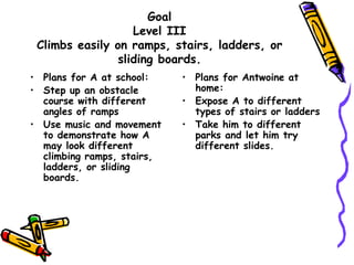 Goal
Level III
Climbs easily on ramps, stairs, ladders, or
sliding boards.
• Plans for A at school:
• Step up an obstacle
course with different
angles of ramps
• Use music and movement
to demonstrate how A
may look different
climbing ramps, stairs,
ladders, or sliding
boards.
• Plans for Antwoine at
home:
• Expose A to different
types of stairs or ladders
• Take him to different
parks and let him try
different slides.
 