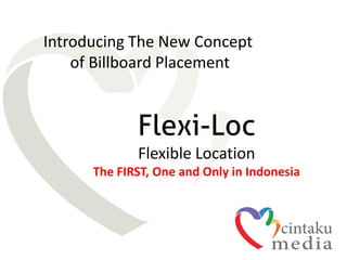 Introducing The New Concept
of Billboard Placement
Flexi-Loc
Flexible Location
The FIRST, One and Only in Indonesia
 