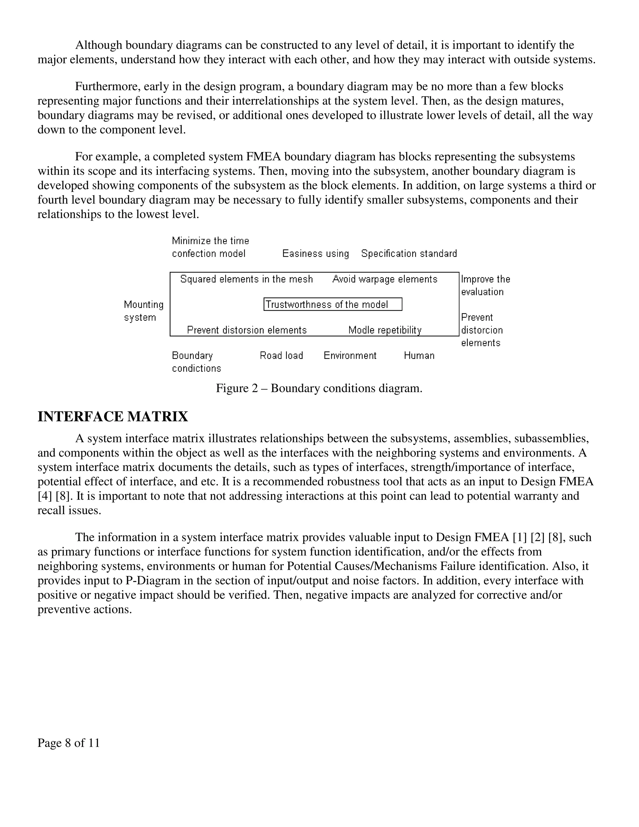 Page 8 of 11
Although boundary diagrams can be constructed to any level of detail, it is important to identify the
major elements, understand how they interact with each other, and how they may interact with outside systems.
Furthermore, early in the design program, a boundary diagram may be no more than a few blocks
representing major functions and their interrelationships at the system level. Then, as the design matures,
boundary diagrams may be revised, or additional ones developed to illustrate lower levels of detail, all the way
down to the component level.
For example, a completed system FMEA boundary diagram has blocks representing the subsystems
within its scope and its interfacing systems. Then, moving into the subsystem, another boundary diagram is
developed showing components of the subsystem as the block elements. In addition, on large systems a third or
fourth level boundary diagram may be necessary to fully identify smaller subsystems, components and their
relationships to the lowest level.
Figure 2 – Boundary conditions diagram.
INTERFACE MATRIX
A system interface matrix illustrates relationships between the subsystems, assemblies, subassemblies,
and components within the object as well as the interfaces with the neighboring systems and environments. A
system interface matrix documents the details, such as types of interfaces, strength/importance of interface,
potential effect of interface, and etc. It is a recommended robustness tool that acts as an input to Design FMEA
[4] [8]. It is important to note that not addressing interactions at this point can lead to potential warranty and
recall issues.
The information in a system interface matrix provides valuable input to Design FMEA [1] [2] [8], such
as primary functions or interface functions for system function identification, and/or the effects from
neighboring systems, environments or human for Potential Causes/Mechanisms Failure identification. Also, it
provides input to P-Diagram in the section of input/output and noise factors. In addition, every interface with
positive or negative impact should be verified. Then, negative impacts are analyzed for corrective and/or
preventive actions.
 