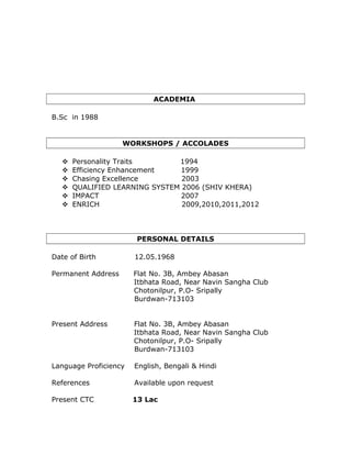 ACADEMIA
B.Sc in 1988
WORKSHOPS / ACCOLADES
 Personality Traits 1994
 Efficiency Enhancement 1999
 Chasing Excellence 2003
 QUALIFIED LEARNING SYSTEM 2006 (SHIV KHERA)
 IMPACT 2007
 ENRICH 2009,2010,2011,2012
PERSONAL DETAILS
Date of Birth 12.05.1968
Permanent Address Flat No. 3B, Ambey Abasan
Itbhata Road, Near Navin Sangha Club
Chotonilpur, P.O- Sripally
Burdwan-713103
Present Address Flat No. 3B, Ambey Abasan
Itbhata Road, Near Navin Sangha Club
Chotonilpur, P.O- Sripally
Burdwan-713103
Language Proficiency English, Bengali & Hindi
References Available upon request
Present CTC 13 Lac
 