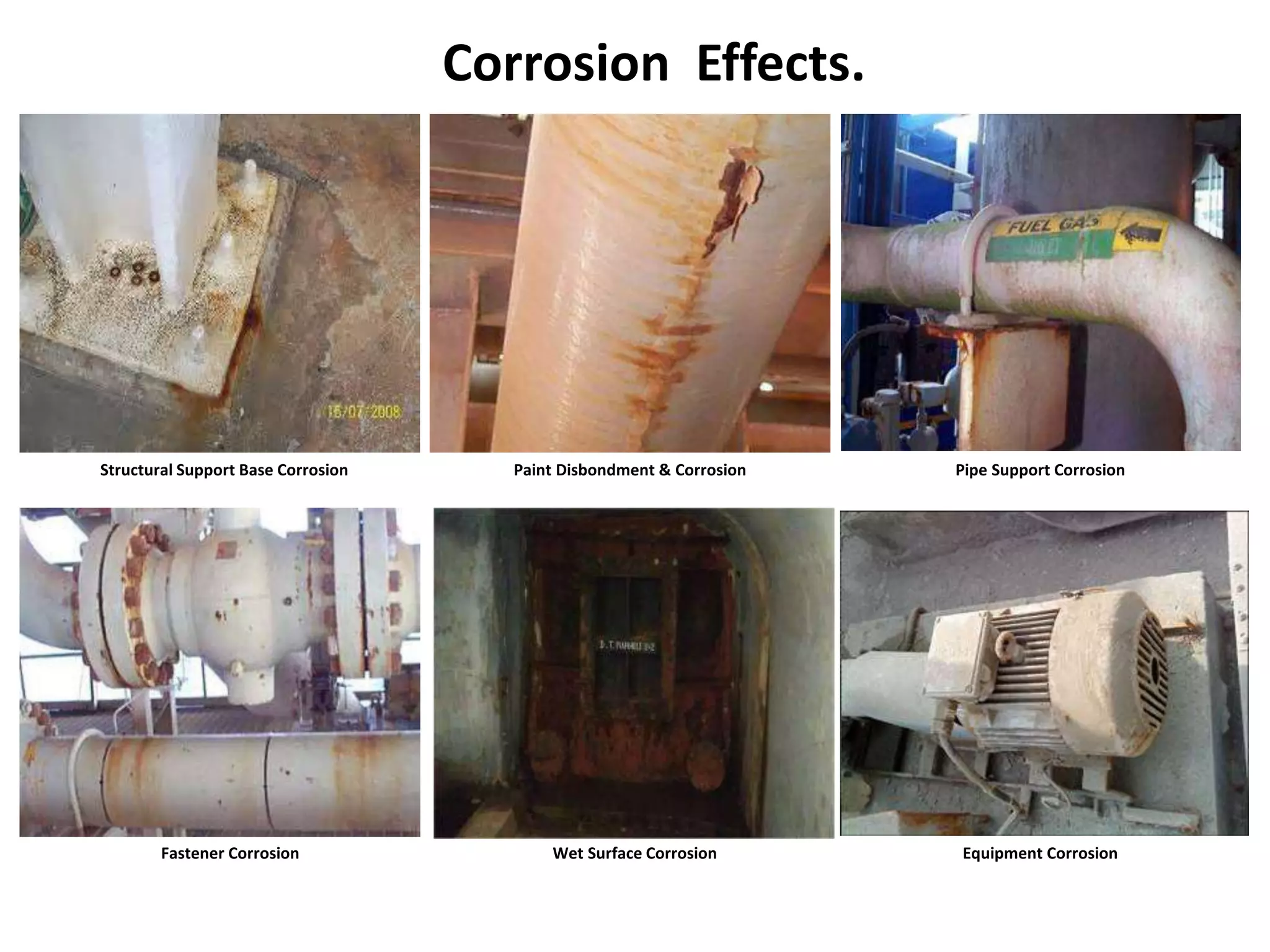 Paint Disbondment & CorrosionStructural Support Base Corrosion Pipe Support Corrosion
Fastener Corrosion Wet Surface Corrosion Equipment Corrosion
Corrosion Effects.
 