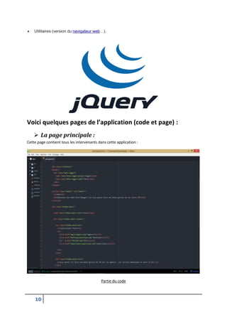 10
 Utilitaires (version du navigateur web…).
Voici quelques pages de l’application (code et page) :
 La page principale :
Cette page contient tous les intervenants dans cette application :
Partie du code
 