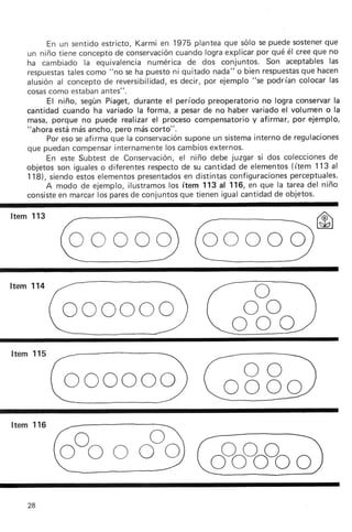En un sentidoestricto, Karmi en 1975 planteaque sólo se puedesostener     que
     un niño tieneconcepto  de conservación cuando lograexplicarpor qué él creeque no
     ha cambiado la equivalencianumérica de dos conjuntos. Son aceptableslas
     respuestas                                                               que
                talescomo "no se ha puestoni quitado nada" o bien respuestas hacen
     alusión al conceptode reversibilidad,es decir, por ejemplo "se podrían colocar las
     cosascomo estabanantes".
          El niño, según Piaget, durante el período preoperatorio no logra conservarla
     cant¡dad cuando ha variado la forma, a pesarde no haber variado el volumen o la
     masa, porque no puede realizarel proceso compensatorioy afirmar, por ejemplo,
     "ahora está más ancho, pero más corto".
          Por esose afirma que la conservaciónsuponeun sistema   internode regulaciones
     que puedancompensar    internamente cambiosexternos.
                                         los
          En este Subtest de Conservación, niño debe juzgar si dos colecciones
                                             el                                      de
     objetos son iguales diferentesrespecto su cantidadde elementos(ítem 113 al
                        o                    de
     118), siendoestoselementos    presentados distintasconfiguraciones
                                              en                           perceptuales.
          A modo de ejemplo, ilustramoslos ítem 113 al 116, en     que la tareadel niño
     consiste marcarlos paresde conjuntosque tienen igualcantidadde objetos.
             en

It e m 1 1 3




It e m 1 1 4




It e m 1 1 5




It e m 1 1 6




     28
 