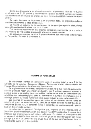 Como puedeapreciarse el cuadro anterior,el promedio total de los sujetos
                             en
 en el test es de 6'1,65puntos y la desviación
                                             tipica es de 28.60,puntajes
                                                                       similaresa
 los obtenidosen el estudiode análisis ítem (promedio63,28 y desviación
                                       de                                  típica
 28,O7t.
     En todas las áreasde la prueba,y en el puntaje total, los promediossubena
medidaque aumentala edadde los niños.
    Se realizó un estudio de las variaciones los puntajessegúnla edad,siendo
                                           de
estasdiferenciassignificativas, un o = 0,01
                              con
    Con los datosobtenidos estasegunda
                             en           aplicación experimental la prueba,a
                                                                  de
una muestra 712 sujetos, procedióa la obtenciónde normas.
            de              se
    Se obtuvieron normas para los 5 grupos de edad, con intervaloscada 6 meses,
en Percentiles,
              Puntajes y Puntajes
                       Z          T.




                             NORMASEN PERCENTILES


    se obtuvieronnormasen percentiles
                                    para el puntaje total y para s de los
subtests la prueba: Conceptos
        de                   Básícos, PercepciónVisual, Reproducción  de
Figuras,
       Reconocim¡ento Números Cardinalidad.
                    de        y
     Se eligíeronestos5 subtests, que cuentan con 10 o más ítem, lo que permite
                                 ya
que sus punta¡es hagan una mejor predicción. Los 5 subtestsrestantes     aportan el
puntaieglobal y es posiblehacer un análisis  cualitativode ellos en términosdeuna
rehabilitación psicopedagógica,pero su conversióna puntajes normalizadosno se
aconseja, porquesu escaso  númerode ítem puedeinducir a error en la conversión.
     Las normas en percentilespermiten ubicar el rendimiento de un sujeto en
relaciónal grupo de estandarización,  después haber dividido la distribuóiónen
                                               de
100 partesiguales. Así, el percent¡lindícael porcentaje sujetos
                                                        de        que estánsobreo
bajo un determinado puntaje.
     Un niño con un percentil 30 significague, respectoal área medida,sólo un
29olo del grupo de estandarizaciónestábajo él y un 69o/o estásobreél; quiere decir
entonces que el rendimientodel niño es deficiente.En cambio un niño que obtiene
un percentil de 80o/o tiene sólo un 19o/o del grupo de estandarización mejor
                                                                         con
puntaje que él y un 79o/o de este grupo bajo é1,lo que significarÍa    que tiene un
rendimientobuenoen el áreamedida.

                                                                                47
 