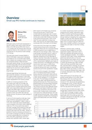 1Great people, great results
2016 was a year of continued improvement in
the IPO market.There were a total of 94 new
IPOs on the ASX during 2016 which was an
11% increase over the previous year when 85
companies listed on the market and a marked
improvement on the previous 5-year average
of 72 listings.
The total funds raised increased slightly in
2016 at $7.50 billion raised which represents
an increase of 7% on the 2015 total of $7.02
billion, despite the increased number of small
cap companies listing in 2016 and lower
associated capital raisings.The total raised also
compares favourably with the previous 5-year
average of $7.24 billion which was significantly
inflated by the record set in 2014 of $16.70
billion, a figure that was impacted by several
large listings.
Whereas large listings had previously
dominated the statistics in the period since the
IPO market cooled, the activity in both 2016
and 2015 was more balanced in terms of both
market capitalisations and industry spread.
In 2016, an increasing proportion of the
IPO market was made up of smaller cap
companies.The number of new small cap
market entrants increased significantly during
2016, with a total of 64 entities with a market
cap less than $100 million completing their
IPOs during the year.This represents a solid
increase of 33% over 2015’s 48 small cap
listings and over the previous 5-year average of
49 listings.
In terms of funds raised by small caps, there
was consistency with previous years with
small caps raising $828.51 million in 2016, or
11% of the total funds raised of $7.50 billion,
which compares to the total in 2015 of $827.59
million (or 17% of the total funds raised in
that year). Average funds raised by small caps
decreased to $12.95 million in 2016 from the
previous year total of $17.24 million. Whilst it is
positive to note the increasing contribution to
the number of listings by small cap companies,
it remains substantially short compared to
2012 when 93% of all listings were from
entities with sub-$100 million market caps.
With respect to the largest cap companies
listing during the year, a total of three
entities listed during the year with a market
capitalisation of over $1 billion.These listings
contributed a total of $2.43 billion to the total
funds raised during the year or 32% of the
total.This was a significant increase over
2015, when the two very large entities listing
contributed 19% of the total, or $1.33 billion.
At the other end of the scale, the smallest
market entrants (those with a market cap
below $10 million) saw four successful listings
in 2016 compared to just a single listing in
2015 and two new listings in 2014. These very
small listings contributed only $17 million to
the total funds raised and represented the
Materials, Retailing and Food, Beverage &
Tobacco industries. Historically, this segment
has been represented by junior miners and the
shift in representation highlights poor levels of
investor sentiment in the Materials and Energy
sectors over recent years. In 2016, there
was an increase in the number of Materials
companies listing which were more evenly
spread across all market capitalisation ranges.
The trend which emerged in the previous
year, of increasing diversification in IPOs
across industries, continued in 2016 with 20
industry groups represented compared to 21
in 2015, and an average of 17 in the previous
three years.The technology and biotech
sectors were again well represented with
Software & Services (21), Pharmaceuticals &
Biotechnology (six) andTechnology Hardware
& Equipment (two) comprising 31% of all
new listings during the year. Materials stocks
performed much better in 2016 with a total
of 12 listings compared to only three in the
previous year. Energy stocks unfortunately
continued to be under-represented, with only
a single listing during the year. Other notable
market segments included Food, Beverage &
Tobacco and Real Estate with seven listings
each.
In a marker of improving investor sentiment
towards the IPO market, subscription rates
for IPOs increased significantly during 2016
relative to previous years, with 83% of all new
listings meeting or exceeding their subscription
targets. In total, new IPOs obtained 102%
of the total funds being sought raising $7.50
billion.This is a positive step from 2015 and
2014, when only 68% and 65% of companies
respectively were able to meet their funding
targets.
Whereas in previous years, small cap
companies have struggled to meet their
subscription targets, subscription rates in
2016 were relatively well spread across all
market capitalisation brackets. The smallest
companies (<$10 million market capitalisation)
performed well with all four of the new
listings achieving their targets with an average
oversubscription of 21%.Those entities with
a market cap between $10 million and $25
million and those over $100 million were
also oversubscribed on average.The poorest
performing segment was the $50 million to
$75 million market cap entities, of which only
57% of companies achieved their target, with
an average subscription rate of 69% of total
funds sought.
Share performance of new listings was
positive overall relative to the wider market.
New listings within the small cap sector
recorded an average first day share price
increase of 12%, and across all capitalisations
an average gain of 8%. A total of 49 new
listings, or 52% of all IPOs during 2016, ended
their first day above their listing price.
In terms of year end share price gains, new
listings again outperformed the wider market
in 2016, with an average increase in share
price of 16% across all new IPOs and 22%
specifically within the small cap sector.This
compares well against the ASX 200, which still
recorded a solid increase of 7%.
Overview
Small cap IPO market continues to improve
Marcus Ohm
Partner
Corporate &
Audit Services
Perth
3
5 5
7
5
9
8
10
4
10
12
16
-
2
4
6
8
10
12
14
16
18
-
1,000.00
2,000.00
3,000.00
4,000.00
5,000.00
6,000.00
7,000.00
8,000.00
January February March April May June July August September October November December
NumberofNewIssues
CumulativeFundraising($m)
Number of Listings (RHS) Cumulative Small Cap Fundraising (LHS) Cumulative Large Cap Fundraising (LHS) Cumulative Total Fundraising (LHS)
 