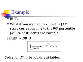 Example
 BUT…
 What if you wanted to know the JAM
score corresponding to the 90th
percentile
(=90% of students are lower)?
P(X≤Q) = .90 
90.
2)50(
1
200
)
50
500
(
2
1 2
=•∫
−
−
Q x
dxe
π
Solve for Q?…. by looking at tables.
 