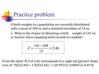 Practice problem
If birth weights in a population are normally distributed
with a mean of 109 oz and a standard deviation of 13 oz,
a. What is the chance of obtaining a birth weight of 141 oz
or heavier when sampling birth records at random?
46.2
13
109141
=
−
=Z
From the chart  Z of 2.46 corresponds to a right tail (greater than)
area of: P(Z≥2.46) = 1-P(Z≤2.46) = 1-(0.9931)= 0.0069 or 0.69 %
 