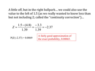 A little off, but in the right ballpark… we could also use the
value to the left of 1.5 (as we really wanted to know less than
but not including 2; called the “continuity correction”)…
37.2
39.1
3.3
39.1
)8.4(5.1
−=
−
=
−
≈Z
P(Z≤-2.37) = 0.0069
A fairly good approximation of
the exact probability, 0.00865.
 