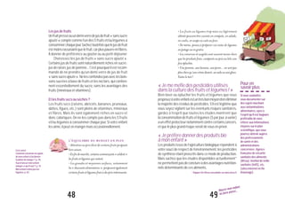 • Les fruits ou légumes trop mûrs ou légèrement
abîmés peuvent être cuisinés en compote, en salade,
encoulis,ensoupeoucuitsaufour.
• De même, pensez à préparer vos restes de légumes
enpotageouengratin.
• Les conserves et surgelés sont souvent moins chers
que les produits frais, comparés au prix au kilo une
foisépluchés.
•Unepomme,unebanane,unepoire...nesontpas
pluschersqu’unecrèmedessert,unsodaouuneglace.
Faitesletest!
«Jememéfiedespesticidesutilisés
danslaculturedesfruitsetlégumes!»
Bien laver ou éplucher les fruits et légumes que vous
proposezàvotreenfantestuntrèsbonmoyend’enéliminer
la majorité des résidus de pesticides. S’il est légitime que
vous soyez vigilant sur les éventuels risques sanitaires,
gardez à l’esprit que toutes les études montrent que
laconsommationdefruitsetlégumes(5parjour,àvarier)
auneffetprotecteurnotammentcontrecertainscancers,
etqueleplusgrandrisqueseraitdevousenpriver.
«Jepréfèredonnerdesproduitsbio
àmonenfant»
Lesproduitsissusdel’agriculturebiologiquerépondentà
votre souci de respect de l’environnement, les pesticides
desynthèseétantproscritsdanscemodedeproduction.
Mais sachez que les études disponibles actuellement*
ne permettentpasdeconclureàdesavantagesnutrition-
nelsdéterminantsdecesaliments.
*Rapportdel’Afssaconsultablesurwww.afssa.fr
Pouren
savoirplus
Sivoussouhaitez
vousdocumentersur
dessujetstouchant
auxcontaminations
alimentaires,ayezà
l’espritqu’ilesttoujours
préférabledevous
référerauxinformations
étayéessurleplan
scientifique,quevous
pourrezobtenirauprès
desprofessionnels
desantéetdes
administrations
concernées:Agence
françaisedesécurité
sanitairedesaliments
(Afssa),Institutdeveille
sanitaire(InVS),etc.
(sitesinternetenfin
d’ouvrage).
49
Nourrir mon enfant,
lui faire plaisir...
Lesjusdefruits
Unfruitpresséouundemi-verredejusdefruit«sanssucre
ajouté»comptecommel’undes5fruitset/oulégumesà
consommerchaquejour.Sacheztoutefoisquelejusdefruit
estmoinsrassasiantquelefruit,carpluspauvreenfibres.
À donner de préférence au goûter ou au petit déjeuner.
Choisissez les jus de fruits « sans sucre ajouté ».
Certainsjusdefruitssontnaturellementrichesensucre:
jus de raisin, jus de pomme... C’est pourquoi il est recom-
mandé de ne prendre qu’un demi-verre de jus de fruit
«sanssucreajouté». Nelesconfondezpasaveclesbois-
sons sucrées à base de fruits et les nectars, qui contien-
nent essentiellement du sucre, sans les avantages des
fruits(minérauxetvitamines).
Etlesfruitssecsouséchés?
Les fruits secs (raisins, abricots, bananes, pruneaux,
dattes, figues, etc.) sont pleins de vitamines, minéraux
et fibres. Mais ils sont également riches en sucre et
donc caloriques. On ne les compte pas dans les 5 fruits
et/ou légumes à consommer chaque jour. Si votre enfant
lesaime,ilpeutenmangermaisoccasionnellement.
L’ÉQUILIBRE DU BUDGET EN PLUS
• Attention au prix élevé de certains fruits proposés
horssaison.
•Enfindemarché,certainscommerçants«soldent»
lesfruitsetlégumesquirestent.
• Les grandes et moyennes surfaces, notamment
les« discountsalimentaires»,proposentégalement
certainsfruitsetlégumesfraisàdesprixintéressants.
Lisezaussi
Commentconstruirelesgoûts
demonenfantetluidonner
leplaisirdemanger?,p.78.
Faut-illaissermonenfant
mangercequ’ilveut?,p.74.
Monenfantn’aimepasles
légumes,p.83.
48
 