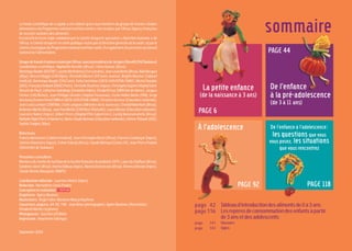 sommaire
De l’enfance
à la pré-adolescence
(de 3 à 11 ans)
À l’adolescence De l’enfance à l’adolescence:
les questions que vous
vous posez, les situations
que vous rencontrez
La petite enfance
(de la naissance à 3 ans)
PAGE 6
PAGE 92 PAGE 118
PAGE 44
Le fonds scientifique de ce guide a été élaboré grâce aux membres du groupe de travail « Guides
alimentaires du Programme national nutrition-santé » mis en place par l’Afssa (Agence française
desécuritésanitairedesaliments).
Il a bénéficié d’une triple validation par le Comité d’experts spécialisé « Nutrition humaine » de
l’Afssa, leComitéd’expertsensantépubliqueréunisparlaDirectiongénéraledelasanté,etparle
ComitéstratégiqueduProgrammenationalnutrition-santé.IlaégalementétéprésentéauConseil
nationaldel’alimentation.
Groupedetravailetauteursréunisparl’Afssa,souslaprésidencedeJacquesGhisolfi(CHUToulouse)
Coordinationscientifique:RaphaëlleAncellin(Afssa),CélineDumas(Afssa)
DominiqueBaelde(DGCCRF),LucetteBarthélémy(CresLorraine),Jean-LouisBerta(Afssa),AlainBocquet
(Afpa),VincentBoggio(CHUDijon),ChristelleBonnet(FilSantéJeunes),BrigitteBoucher(Cabinet
médical),DominiqueBouglé(CHUCaen),KatiaCastetbon(USEN,InVS/ISTNA-CNAM),MichelChauliac
(DGS),FrançoiseDelbard(DASESParis),ChristelleDuchène(Inpes),ChristopheDupont(HôpitalSaint-
Vincent-de-Paul),CatherineGraindorge(FondationVallée),ElisabethFeur(DIPASVal-de-Marne),Jacques
Fricker (CHU Bichat), Jean-Philippe Girardet (Hôpital Trousseau), Cécile Hallier Barbe (PMI), Serge
Hercberg(Inserm/Inra/CNAMetUSEN,InVS/ISTNA-CNAM),ChristineKerneur(Educationnationale),
Jean-LouisLambert(ENITIAA),CécileLangeois(MinistèredelaJeunesse),ChantalMalenfant(Afssa),
AmbroiseMartin(Afssa),Jean-PaulMerlin(CHRMetz-Thionville),LaureMorane(Éducationnationale),
Laurence Noirot (Inpes), Gilbert Pérès (Hôpital Pitié Salpétrière), Landy Razanamahefa (Afssa),
NathalieRigal(ParisX-Nanterre),Marie-ClaudeRomano(Éducationnationale),HélèneThibault(DGS),
SophieTreppoz(Afpa)
Relecteurs
FrancisAbramovici(Cabinetmédical),Jean-ChristopheBoclé(Afssa),FlorenceCondroyer(Inpes),
CorinneDelamaire(Inpes),EstherKalonji(Afssa),ClaudeMichaud(Codes25),Jean-PierrePoulain
(UniversitédeToulouse)
Personnesconsultées
MembresduComitédenutritiondelaSociétéfrançaisedepédiatrie(SFP),LaureduChaffaut(Afssa),
SandrineLioret(Afssa),KarinaOddoux(Inpes),MarineOseredczuk(Afssa),FlorenceRostan(Inpes),
ClaudeWisner-Bourgeois(INAPG)
Coordinationéditoriale:LaurenceNoirot(Inpes)
Rédaction:BernadetteCosta-Prades
Conceptionetréalisation
Graphisme:AgnèsBoulmer
Illustrations:RégisFaller,MarianneMaury-Kaufman
Couverture,pages6,44,92,118: JeanBono(photographe),AgnèsBoulmer(illustration),
ElisabethMartin(stylisme)
Photogravure:Questiond’Édition
Impression:ImprimerieFabrègue
Septembre2004
Tableaud’introductiondesalimentsde0à3ans
Lesrepèresdeconsommationdesenfantsàpartir
de3ansetdesadolescents
Glossaire
Sigles
page 42
page 116
page 141
page 143
 