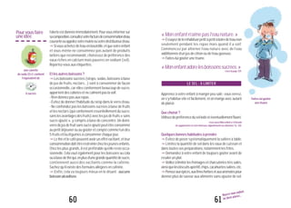 «Monenfantn’aimepasl’eaunature.»
"Essayezdeleréhabituerpetitàpetitàboiredel’eaunon
seulement pendant les repas mais quand il a soif.
Commencez par alterner l’eau nature avec de l’eau
additionnéed’unjusdecitronoudel’eaugazeuse.
"Faites-luigoûterunetisane.
«Monenfantadorelesboissonssucrées.»
Lisezlapage129.
Apprenez à votre enfant à manger peu salé: vous verrez,
ons’yhabitueviteetfacilement,etonmangeavecautant
deplaisir.
Quechoisir?
Utilisezdepréférenceduseliodéetéventuellementfluoré.
LisezaussiMonenfantat-ilbesoin
desupplémentsenselsminéraux,oligoélémentsouvitamines?p.120.
Quelquesbonneshabitudesàprendre
"Évitez de poser systématiquement la salière à table.
"Limitez la quantité de sel dans les eaux de cuisson et
danstoutesvospréparations,notammentlesfrites.
"Demandez à votre enfant de toujours goûter avant de
resalerunplat.
"Veillezàlimiterlesfromagesetcharcuteriestrèssalés,
ainsiquelesbiscuitsapéritif,chips,cacahuètessalées,etc.
"Pensezauxépices,auxfinesherbesetauxaromatespour
donner plus de saveur aux aliments sans ajouter de sel.
LE SEL : À LIMITER
61
Nourrir mon enfant,
lui faire plaisir...
l’alerteestdonnéeimmédiatement.Pourvousinformersur
sacomposition,consultezvotrefacturedeconsommationd’eau
couranteouappelezvotremairieouvotredistributeurd’eau.
"Sivousachetezdel’eauenbouteille,etquevotreenfant
et vous-même ne consommez pas autant de produits
laitiers que recommandé, choisissez de préférence des
eaux riches en calcium mais pauvres en sodium (sel).
Reportez-vousauxétiquettes.
Etlesautresboissons?
"Les boissons sucrées (sirops, sodas, boissons à base
de jus de fruits, nectars...) sont à consommer de façon
occasionnelle, car elles contiennent beaucoup de sucre,
apportentdescaloriesetnecalmentpaslasoif.
-N’endonnezpasauxrepas.
- Évitez de donner l’habitude du sirop dans le verre d’eau.
- Ne confondez pas les boissons sucrées à base de fruits
etlesnectars(quicontiennentessentiellementdusucre,
sanslesavantagesdesfruits)aveclesjusdefruits«sans
sucre ajouté », y compris à base de concentré. Un demi-
verredejusdefruitsanssucreajoutépeutêtreconsommé
aupetitdéjeunerouaugoûteretcomptécommel’undes
5fruitset/oulégumesàconsommerchaquejour.
"Lethéetlecafépeuventavoiruneffetexcitant,etleur
consommationdoitêtrerestreintechezlesjeunesenfants.
Chez les plus grands, il est préférable qu’elle reste occa-
sionnelle. Cela vaut également pour les boissons au cola
ouàbasedethéqui,enplusd’unegrandequantitédesucre,
contiennent aussi des excitants comme la caféine.
Sachezqu’ilexistedesformulesallégéesencaféine.
"Enfin, cela va toujours mieux en le disant : aucune
boissonalcoolisée.
60
unecanette
desoda33cl contient
l’équivalentde
Faites-luigoûter
unetisane
Pourvousfaire
uneidée
6sucres
 