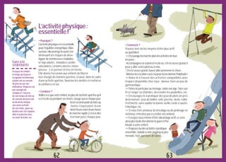 62
L’activitéphysique:
essentielle!
•Pourquoi?
L’activitéphysiqueestessentielle
pourl’équilibreénergétique.Mais
surtout,elleprotègelasanté(en
diminuant les risques de déve-
lopperdenombreusesmaladies
à l’âge adulte : maladies cardio-
vasculaires,certainscancers,ostéo-
porose...) et permet d’être en forme.
Elle donne l’occasion aux enfants de libérer
leur énergie de manière positive, et peut, dans le cadre
d’une activité sportive, favoriser les amitiés et renforcer
laconfianceensoi.
•Combien?
Veillezàcequevotreenfant,enplusdel’activitésportivequ’il
aàl’écoleoupendantsesloisirs,bougeaussichaquejour.
Ilestrecommandédefaireau
moins l’équivalent d’une
demi-heurevoired’uneheure
demarcherapide(c’est-à-dire
d’un bon pas) chaque jour.
•Comment?
Trouvez avec lui les moyens d’être plus actif
auquotidien.
"Encouragezlamarchedanslesactivitésdetous
lesjours:
-Accompagnez-leàpiedàl’écoleou,s’ilestassezgrand,il
peutyallerseulàpiedouàvélo.
-S’ilestassezgrand,ilpeutallerpromenerlechien...
-Montezlesescaliersavecluipourluiendonnerl’habitude!
"Aidez-le à trouver des activités compatibles avec
l’espace disponible chez vous : danser, faire un peu de
gymnastique...
"Faites-leparticiperauménage,selonsonâge:faireson
lit et ranger sa chambre, descendre les poubelles, etc.
"Encouragez-le à pratiquer des jeux de plein air près
dela maison : jeux de ballon, vélo, piscine, skate, roller,
trottinette, sans oublier la bonne vieille corde à sauter,
l’élastique,etc.
"Si vous êtes amateur de bricolage ou de jardinage en
extérieur,n’hésitezpasàyinitiervosenfants.
"Essayezvous-mêmed’êtredavantageactif,cesera
ainsiplusfaciled’endonnerlegoûtetl’ha-
bitudeàvotreenfant.
"Proposez-luidesactivitésàpratiquer
ensemble:baladeàvélo,joggingoupro-
menade, foot, parcours de santé...
63
Gareàla
sédentarité
Essayezderéduire
letempsqu’ilpasse
àregarderlatélévision,
àjouersursaconsole
dejeuxousurson
ordinateur.Proposez-lui
parexemplede
remplacer2heures
desontempsdetéléou
deconsoledumercredi
ouduweek-endpar
uneautreactivité
desonchoix:jouerau
basketaveclescopains,
alleràlapiscineavec
sasœur,bricoler,etc.
 