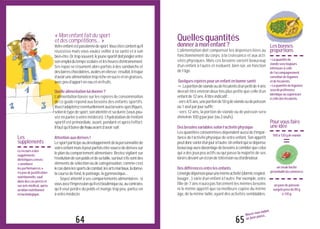Quellesquantités
donneràmonenfant?
L’alimentation doit compenser les dépenses liées au
fonctionnement du corps, à la croissance et aux acti-
vités physiques. Mais ces besoins varient beaucoup
d’un enfant à l’autre et évoluent, bien sûr, en fonction
de l’âge.
Quelquesrepèrespourunenfantenbonnesanté
"Laportiondeviandeoudeféculentsd’unpetitde4ans
devrait être environ deux fois plus petite que celle d’un
enfantde12ans.Àtitreindicatif:
-vers4/5ans,uneportionde50gdeviandeoudepoisson
ou1œufparjoursuffit;
- vers 12 ans, la portion de viande ou de poisson sera
d’environ100gparjour(ou2œufs).
Desbesoinsvariablesselonl’activitéphysique
Les quantités consommées dépendent aussi de l’impor-
tance de l’activité physique de votre enfant. Son appétit
peutdoncvarierd’unjouràl’autre.Unenfantquisedépense
beaucoupauradavantagedebesoinsàcomblerquecelui
qui a des jeux peu actifs ou qui passe la majorité de ses
loisirsdevantunécrandetélévisionoud’ordinateur.
Desdifférencesentrelesenfants
L’énergiedépenséepourunemêmeactivité(dormir,respirer,
bouger...) varie d’un enfant à l’autre. Par exemple, votre
fille de 7 ans n’aura pas forcément les mêmes besoins
ni le même appétit que sa meilleure copine du même
âge, de la même taille, ayant des activités semblables.
65
Nourrir mon enfant,
lui faire plaisir...
«Monenfantfaitdusport
etdescompétitions...»
Votreenfantestpassionnédesport.Vousêtescontentqu’il
réussisse mais vous voulez veiller à sa santé et à son
bien-être.Or,tropsouvent,lejeunesportifdoitjonglerentre
sonemploidutempsscolaireetlesheuresd’entraînement.
Ses repas se résument alors parfois à des sandwichs et
desbarreschocolatées,avalésenvitesse:résultat,ilrisque
d’avoirunealimentationtropricheensucreetengraisses,
avecpeud’apporteneauetenfruits.
Quellealimentationluidonner?
L’alimentation basée sur les repères de consommation
de ce guide répond aux besoins des enfants sportifs.
Vousl’adapterezéventuellementauxbesoinsspécifiques,
selonletypedesport,sonidentitéetsadurée(vouspou-
vez en parler à votre médecin). L’hydratation de l’enfant
sportif est primordiale, avant, pendant et après l’effort.
Ilfautqu’ilboivedel’eauavantd’avoirsoif.
Attentionauxdérives!
Lesportparticipeaudéveloppementdelapersonnalitéde
votreenfantmaisilpeutparfoisêtresourcededérivessur
le plan du comportement alimentaire. Restez vigilant sur
l’évolutiondesonpoidsetdesataille,surtouts’ilssontdes
éléments de sélection ou de catégorisation, comme c’est
lecasdanslessportsdecombat,lesartsmartiaux,ladanse,
lacoursedefond,lepatinage,lagymnastique...
Soyez attentif à ses comportements alimentaires : si
vousavezl’impressionqu’ilestboulimiqueou,aucontraire,
qu’il veut perdre du poids et mange trop peu, parlez-en
àvotremédecin.
64
Les
suppléments
Lerecoursàdes
suppléments
diététiquescensés
«améliorer
lesperformances»
n’apasdejustification
nutritionnelle,sauf
dansdescaspréciset
suravismédical,après
unbilannutritionnel
et/oubiologique.
100à120gdeviande
=
unsteakhaché
préemballéducommerce
unpavédepoisson
surgelépèsede80g
à120g
Lesbonnes
proportions
•Laquantitéde
viandeseratoujours
inférieureàcelle
del’accompagnement
constituédelégumes
etdeféculents.
•Laquantitédelégumes
seradepréférence
identiqueousupérieure
àcelledesféculents.
Pourvousfaire
uneidée
 