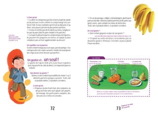 73
Organiser les repas
de la journée
72
Lebongeste
"Ledînernecomporterapasforcémentunplatdeviande
ou de poisson si votre enfant en a déjà mangé à la can-
tinelemidi.Sivoussouhaitezqu’ilenaitaudéjeuneretau
dîner,vouspouvezprévoirdepluspetitesportions.
"Sivousnemettezpasdeféculentsaumenu,remplacez-
lespardupain(dontlepaincompletetlepainbis).
"Lorsqueleplatprincipalnecomprendpasdelégumes,
ils peuvent être proposés en entrée, en salade ou bien
remplacésparunfruitsupplémentaireaudessert.
Unéquilibresurlajournée
Sivotreenfantmangepeuàunrepas,pasdepanique:ilse
rattrapera lors des repas suivants! Inutile de lui proposer
deschipsoulacrèmedessertqu’ilpréfère...
Ungoûteret...unseul!
Le goûter de l’après-midi, pris à une heure régulière
(pastropprochedecelledudîner),estimportantpourles
enfants.
Quedonneraugoûter?
Donnezàvotreenfantlapossibilitédechoisir1ou2
aliments parmi les groupes suivants : fruits, lait
etproduitslaitiers,etproduitscéréaliers.
Lebongeste
"Proposez-luidesfruitsfrais,descompotes,ou
desjusdefruitssanssucreajouté,desyaourts,
du fromage, des petits pains complets, des
biscuits secs riches en céréales.
Lisezaussi
Nourrirmonenfant,
luifaireplaisiretveiller
àsasanté?,p.46.
A U M E N U
"Encasdepassage«obligé»àlaboulangerie,plutôtqu’un
painauchocolat,choisissezplutôtparmilespetitspainsaux
goûtsvariés:paincompletouàbasedefarinebise.
fruits,laitetproduitslaitiers,etproduitscéréaliers.
Unseulgoûter!
"Votreenfantgrignoteenplusdesongoûter?
LisezaussiMonenfantmangetoutletempsendehorsdesrepas,p.126.
"S’il goûte au centre de loisirs, ne lui donnez pas un
deuxième goûter à 18 heures. S’il a faim, avancez plutôt
l’heuredudîner...
Mêmesic’estplussimple,évitezauquotidienlesbarreschocolatées
oulesbiscuitschocolatésoufourrés,etlesviennoiseries.
•Àlamaison:pain,
carrésdechocolat
(ouconfiture,oumiel,
voirefromage),
verredelait
•Àl’école:
1ou2clémentines,
1ou2biscuits
secs,del’eau
•Leweek-end:
1crêpeausucre,
1poireetdel’eau
 