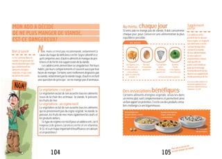 105
Mon ado a décidé de
ne plus manger de viande
P
104
A U M E N U
Aumenu, chaquejour
Si votre ado ne mange pas de viande, il doit consommer
chaque jour, pour conserver une alimentation la plus
équilibrée possible :
Desassociationsbénéfiques
Certains aliments d’origine végétale, associés dans
unmêmeplat,sontcomplémentairesetpermettentainsi
unbonapportenprotéines.C’estlecasdesproduitscéréa-
liersmélangésàunelégumineuse.
Supplément
enfer
Lesadolescentes
perdentduferdurant
leursrègles,etrisquent
unedéficienceenfer,
surtoutlorsqu’elles
excluentlaviande
deleuralimentation.
Sivotreadoest
végétarienne,mieux
vautqu’elleen
parleàsonmédecin
pourqu’ilenvisage
éventuellementdelui
donnerunsupplément
médicamenteuxdefer.
LisezaussiMonenfanta-t-il
besoindesupplémentsen
minéraux,oligoélémentsou
vitamines?,p.120.
3ou4produits
laitiers:
lait,fromage,
yaourts,etc.
Desœufs,
etsipossible
dupoisson
Deslégumessecs
(haricots,pois
chiches,lentilles,etc.)
etdescéréales
(pain,riz,pâtes,blé,
semoule...)
Aumoins
5fruits
et/oulégumes,
cruset/oucuits
Etunpeudematièresgrasses
Delasemouleavec
despoischiches,comme
dansLE COUSCOUS
Dumaïsetdesharicots
rouges,commedans
LA SALADE MEXICAINE
UNE SALADE DE RIZ
AVEC DES LENTILLES
DE NE PLUS MANGER DE VIANDE,
EST-CE DANGEREUX?
Non, mais ce n’est pas recommandé, notamment à
causedurisquededéficienceenfer.Soyezattentifàce
qu’ilcompenseavecd’autresalimentslemanquedepro-
téinesetdeferliéàlasuppressiondelaviande.
Lesadolescentsaimentbiensesingulariser.Parleurs
habits,parleurscomportementsetsouventaussiparleur
façon de manger. Certains sont réellement dégoûtés par
laviande,notammentparlavianderouge,d’autresenfont
une question de principe : on ne mange pas d’animaux.
Levégétarisme,c’estquoi?
Levégétarienexclutdesonassiettetouslesaliments
issus de la chair des animaux : la viande, le poisson,
les fruits de mer.
Levégétalisme:unrégimenocif
Le végétalien exclut de son assiette tous les aliments
qui ne proviennent pas du règne végétal : la viande, le
poisson, les fruits de mer, mais également les œufs et
lesproduitslaitiers.
Cetypederégimeestnocifpourunadolescent,caril
l’expose à de graves carences en fer et en vitamine
B12,etàunrisqueimportantd’insuffisanceencalcium
etenprotéines!
Bonàsavoir
Lefercontenudansla
viandeetlepoissonest
mieuxabsorbéquecelui
quecontiennentles
alimentsd’origine
végétale,etquecelui
dulaitoudesœufs.
MON ADO A DÉCIDÉ
 