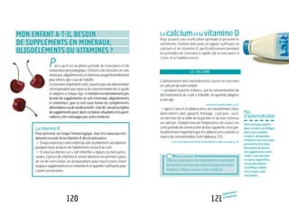 121
Suppléments
en minéraux
120
MON ENFANT A-T-IL BESOIN
DE SUPPLÉMENTS EN MINÉRAUX,
OLIGOÉLÉMENTS OU VITAMINES ?
Parce qu’il est en pleine période de croissance et de
maturation physiologique, l’enfant a des besoins en sels
minéraux,oligoélémentsetvitaminesproportionnellement
plusélevésqueceuxdel’adulte.
Cesbesoinsimportantssontcouvertsparunealimentation
correspondantauxrepèresdeconsommationdeceguide
etadaptéeàchaqueâge,etl’enfantn’anormalementpas
besoin de suppléments en sels minéraux, oligoéléments
et vitamines, que ce soit sous forme de compléments
alimentairesoudemédicaments.Celadit,uneprescription
desupplémentspeut,danscertainessituationstrèsparti-
culières,êtreenvisagéeparvotremédecin.
LavitamineK
Pour prévenir un risque hémorragique, tous les nouveau-nés
doiventrecevoirdelavitamineKdèslanaissance.
"Sivousnourrissezvotreenfantausein,lavitamineKseradonnée
pendanttouteladuréedel’allaitementexclusifausein.
"Si vous lui donnez un « lait infantile » depuis sa naissance,
seules 2 prises de vitamine K seront données les premiers jours
de vie de votre bébé, les préparations pour nourrissons étant
toujourssupplémentéesenvitamineKenquantitésuffisantepour
couvrirsesbesoins.
Le calciumet la vitamine D
Pour assurer une ossification optimale et prévenir le
rachitisme, l’enfant doit avoir un apport suffisant en
calcium et en vitamine D, particulièrement pendant
les périodes de croissance rapide (de la naissance à
3 ans et à l’adolescence).
LE CALCIUM
L’alimentation doit normalement couvrir les besoins
encalciumdevotreenfant:
"pendant la petite enfance, par la consommation de
lait maternel ou de « lait» infantile, en quantité adaptée
àsonâge;
LisezaussiLapetiteenfance,p.06.
"après3ansetàl’adolescence,enconsommant3pro-
duits laitiers (lait, yaourts, fromage...) par jour – ou 4,
en fonction de la taille de la portion et de leur richesse
en calcium. Compte tenu de l’importance de ceux-ci en
cettepériodedeconstructiondeleursquelette,ilestpar-
ticulièrement important que les adolescents suivent ce
repèredeconsommation(voirtableaup.53).
LisezaussiNourrirmonenfant,luifaireplaisiretveilleràsasanté,p.46.
Pas
d’automédication
Vousenvisagezparfois,
danscertainscas(fatigue,
baissedesrésultats
scolaires,préparation
d’examensouencorepour
prévenirlesinfections
hivernales)dedonner
dessupplémentsàvotre
enfant.Cettedécision
nereposeaujourd’hui
suraucunedonnée
scientifiquevalidée
etlesrisquessont
malévalués.
Bon à savoirCLa prise journalière de médicaments contenant
ducalciumestréservéeàdessituationstrèspar-
ticulières.Parlez-enavecvotremédecin.
 