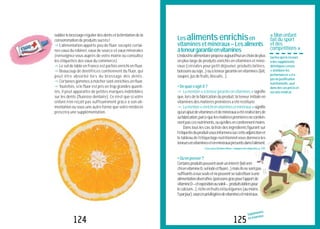 Suppléments
en minéraux
oublierlebrossagerégulierdesdentsetlalimitationdela
consommation de produits sucrés!
"L’alimentation apporte peu de fluor, excepté certai-
nes eaux du robinet, eaux de source et eaux minérales
(renseignez-vous auprès de votre mairie ou consultez
les étiquettes des eaux du commerce).
"Le sel de table en France est parfois enrichi en fluor.
"Beaucoup de dentifrices contiennent du fluor, qui
peut être absorbé lors du brossage des dents.
"Certaines gommes à mâcher sont enrichies en fluor.
"Toutefois, si le fluor est pris en trop grandes quanti-
tés, il peut apparaître de petites marques indélébiles
sur les dents (fluorose dentaire). Ce n’est que si votre
enfant n’en reçoit pas suffisamment grâce à son ali-
mentation ou sous une autre forme que votre médecin
prescrira une supplémentation.
124
Lesalimentsenrichisen
vitaminesetminéraux–Lesaliments
àteneurgarantieenvitamines
L’industriealimentaireproposeaujourd’huiunchoixdeplus
en plus large de produits enrichis en vitamines et miné-
raux (céréales pour petit déjeuner, produits laitiers,
boissonsausoja...)ouàteneurgarantieenvitamines(lait,
soupes,jusdefruits,biscuits...).
•Dequois’agit-il?
"!Lamention«àteneurgarantieenvitamines»signifie
que, lors de la fabrication du produit, la teneur initiale en
vitaminesdesmatièrespremièresaétérestituée.
"!Lamention«enrichienvitaminesetminéraux»signifie
qu’unajoutdevitaminesetdeminérauxaétéréalisélorsde
safabrication,parcequelesmatièrespremièresnecontien-
nentpascesnutriments,ouqu’ellesencontiennentmoins.
Danstouslescas,lalistedesingrédientsfigurantsur
l’étiquetteduproduitvousinformerasurcetteadjonctionet
le tableau de l’étiquetage nutritionnel vous donnera les
teneursenvitaminesetenminérauxprésentsdansl’aliment.
LisezaussiUnbonréflexe:comparerlesétiquettes,p.139.
QU’EN PENSER ?
•Qu’enpenser?
Certainsproduitspeuventavoirunintérêt(laitenri-
chienvitamineD,seliodéetfluoré...)maisilsnesontpas
suffisantsàeuxseulsetnepeuventsesubstitueràune
alimentationdiversifiée(poissonsgraspourl’apportde
vitamineD–etexpositionausoleil–,produitslaitierspour
lecalcium...),richeenfruitset/oulégumes(aumoins
5parjour),sourcesprivilégiéesdevitaminesetminéraux.
«Monenfant
faitdusport
etdes
compétitions»
Sachezquelerecours
àdessuppléments
diététiquescensés
«améliorerles
performances»n’a
pasdejustification
nutritionnelle,sauf
dansdescaspréciset
suravismédical.
125
 