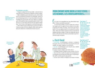 131
Fast-food, kebabs
et croissanteries
MON ENFANT AIME BIEN LE FAST-FOOD,
LES KEBABS, LES CROISSANTERIES...
st-cequec’estcompatibleavecunealimentationéqui-
librée?Queluiconseillerdeprendre?
Les fast-food, kebabs et autres modes de restaura-
tion rapide sont très appréciés des enfants et des ados.
Fréquentés de temps en temps, cela ne pose pas de pro-
blème. S’il y va régulièrement (c’est souvent le cas des
ados),aidezvotreenfantàchoisirunmenuenfonctionde
quelquesprincipessimples.Etfaitesluicomprendrequ’une
bonne utilisation du fast-food ou du kebab lui permet-
trontdenepass’enpriver.
Le fast-food
"À privilégier : les hamburgers « de base », composés
d’un pain, d’un seul steak haché (ou de poisson ou de
volaille),desalade,d’oignons,decornichons...
"À éviter : les hamburgers avec trop de sauce, double
portiondeviandeoudebacon.
Etenplus,lesplussimplessontmoinschers!
"Privilégierlespainscompletsouauxcéréaless’ilyena.
"Avec les frites, inutile de rajouter de la mayonnaise.
Lamoutardeouleketchupsontmoinsgras.Etlapetitepor-
tionsuffit,aumoinspourlesplusjeunes.
"Incitez votre enfant à remplacer de temps en temps
Queboire?
Quevotreenfant
n’hésitepasàdemander
unverred’eau(celledu
robinetestgratuite),ou
prennedel’eauminérale
ouunjusdefruitsans
sucreajouté.
S’ilavraimentenvie
d’unsoda,conseillez-lui
dechoisirlesformes
«light».
Queldessert?
Lasaladedefruits,
quandelleestproposée,
estpréférableaux
crèmesglacéesou
auxgâteaux.
Deshabitudesàprendre...
"Proposezuniquementdel’eauàtable:cedevraitêtrela
seuleboissonàconsommeraudéjeunercommeaudîner.
"Maisnediabolisezpaslesboissonssucrées.Votreenfant
peutenconsommerdemanièreoccasionnelle,surtouts’il
est actif physiquement et n’a pas de problème de poids.
Privilégiez les jus de fruits sans sucre ajouté, en sachant
qu’ilssonttoutefoismoinsrassasiantsquelesfruits(1fruit
presséou1/2verredejusdefruitsanssucreajoutécompte
pour1des5fruitset/oulégumesàconsommerparjour).
"Votreenfantnepeutvraimentpassepasserdesodas?
Choisissezalorslesformesallégées.Maissachezqueces
boissonsédulcoréesmaintiennentl’enviedusucré...
E
Lisezaussi
Commentaidermonadoàbien
mangerlemidi?,p.102
etIdéesmenusados,p.101.
Réservezlesboissons
sucréesàdesoccasions
particulières...
 