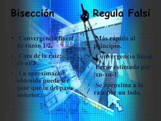 Bisección Regula Falsi
K Convergencia lineal
de razón 1/2.
J Cota de la raíz:
(b-a)/2 .
L La aproximación
obtenida puede ser
peor que la del paso
anterior.
J Más rápido al
principio.
K Convergencia lineal.
L Error estimado por:
|xn-xn-1|
L Se aproxima a la
raíz por un lado.
n
 
