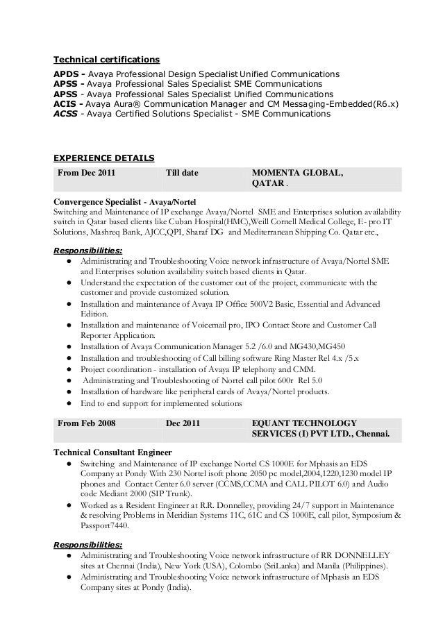 Avaya support engineer resume