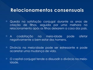 Relacionamentos consensuais
 Queda na satisfação conjugal durante os anos de
criação de filhos, seguida por uma melhora no
relacionamento após os filhos deixarem a casa dos pais.
 A coabitação na meia-idade pode afetar
negativamente o bem-estar dos homens.
 Divórcio na meia-idade pode ser estressante e pode
acarretar uma mudança de vida.
 O capital conjugal tende a dissuadir o divórcio na meia-
idade.
 