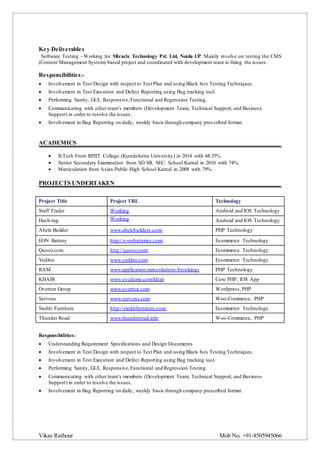 Vikas Rathour Mob No. +91-8505945066
Key Deliverables
Software Testing –Working for Miracle Technology Pvt. Ltd, Noida UP. Mainly involve on testing the CMS
(Content Management System) based project and coordinated with development team in fixing the issues.
Responsibilities:-
 Involvement in Test Design with respect to Test Plan and using Black box Testing Techniques.
 Involvement in Test Execution and Defect Reporting using Bug tracking tool.
 Performing Sanity, GUI, Responsive,Functional and Regression Testing.
 Communicating with other team’s members (Development Team, Technical Support, and Business
Support) in order to resolve the issues.
 Involvement in Bug Reporting on daily, weekly basis through company pres cribed format.
ACADEMICS
 B.Tech From RPIIT College (Kurukshetra University) in 2014 with 68.35%.
 Senior Secondary Examination from SD SR. SEC. School Karnal in 2010 with 74%.
 Matriculation from Asian Public High School Karnal in 2008 with 79%.
PROJECTS UNDERTAKEN
Project Title Project URL Technology
Staff Trader Working Android and IOS Technology
Hash-tag Working Android and IOS Technology
Abele Builder www.abelebuilders.com/ PHP Technology
EON Battery http://e-onbatteries.com/ Ecommerce Technology
Quooz.com http://quooz.com/ Ecommerce Technology
Yeditto www.yeditto.com Ecommerce Technology
RAM www.application.ram.solutions/brookings PHP Technology
KHAIR www.oycdemo.com/khair Core PHP, IOS App
Overton Group www.overton.com Wordpress,PHP
Servons www.servons.com Woo-Commerce, PHP
Siediti Furniture http://sieditifurniture.com/ Ecommerce Technology
Thunder Road www.thunderroad.info Woo-Commerce, PHP
Responsibilities:
 Understanding Requirement Specifications and Design Documents.
 Involvement in Test Design with respect to Test Plan and using Black box Testing Techniques.
 Involvement in Test Execution and Defect Reporting using Bug tracking tool.
 Performing Sanity, GUI, Responsive,Functional and Regression Testing.
 Communicating with other team’s members (Development Team, Technical Support, and Business
Support) in order to resolve the issues.
 Involvement in Bug Reporting on daily, weekly basis through company prescribed format.
 