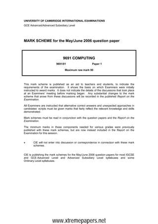 UNIVERSITY OF CAMBRIDGE INTERNATIONAL EXAMINATIONS
GCE Advanced/Advanced Subsidiary Level




MARK SCHEME for the May/June 2006 question paper



                                 9691 COMPUTING
                           9691/01                        Paper 1

                                  Maximum raw mark 90




This mark scheme is published as an aid to teachers and students, to indicate the
requirements of the examination. It shows the basis on which Examiners were initially
instructed to award marks. It does not indicate the details of the discussions that took place
at an Examiners’ meeting before marking began. Any substantial changes to the mark
scheme that arose from these discussions will be recorded in the published Report on the
Examination.

All Examiners are instructed that alternative correct answers and unexpected approaches in
candidates’ scripts must be given marks that fairly reflect the relevant knowledge and skills
demonstrated.

Mark schemes must be read in conjunction with the question papers and the Report on the
Examination.

The minimum marks in these components needed for various grades were previously
published with these mark schemes, but are now instead included in the Report on the
Examination for this session.


•       CIE will not enter into discussion or correspondence in connection with these mark
        schemes.


CIE is publishing the mark schemes for the May/June 2006 question papers for most IGCSE
and GCE Advanced Level and Advanced Subsidiary Level syllabuses and some
Ordinary Level syllabuses.




                        www.xtremepapers.net
 