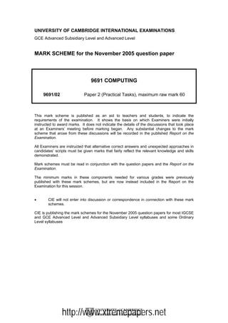 UNIVERSITY OF CAMBRIDGE INTERNATIONAL EXAMINATIONS
GCE Advanced Subsidiary Level and Advanced Level


MARK SCHEME for the November 2005 question paper




                                 9691 COMPUTING

     9691/02                 Paper 2 (Practical Tasks), maximum raw mark 60



This mark scheme is published as an aid to teachers and students, to indicate the
requirements of the examination. It shows the basis on which Examiners were initially
instructed to award marks. It does not indicate the details of the discussions that took place
at an Examiners’ meeting before marking began. Any substantial changes to the mark
scheme that arose from these discussions will be recorded in the published Report on the
Examination.

All Examiners are instructed that alternative correct answers and unexpected approaches in
candidates’ scripts must be given marks that fairly reflect the relevant knowledge and skills
demonstrated.

Mark schemes must be read in conjunction with the question papers and the Report on the
Examination.

The minimum marks in these components needed for various grades were previously
published with these mark schemes, but are now instead included in the Report on the
Examination for this session.


•       CIE will not enter into discussion or correspondence in connection with these mark
        schemes.

CIE is publishing the mark schemes for the November 2005 question papers for most IGCSE
and GCE Advanced Level and Advanced Subsidiary Level syllabuses and some Ordinary
Level syllabuses




                http://www.xtremepapers.net
 