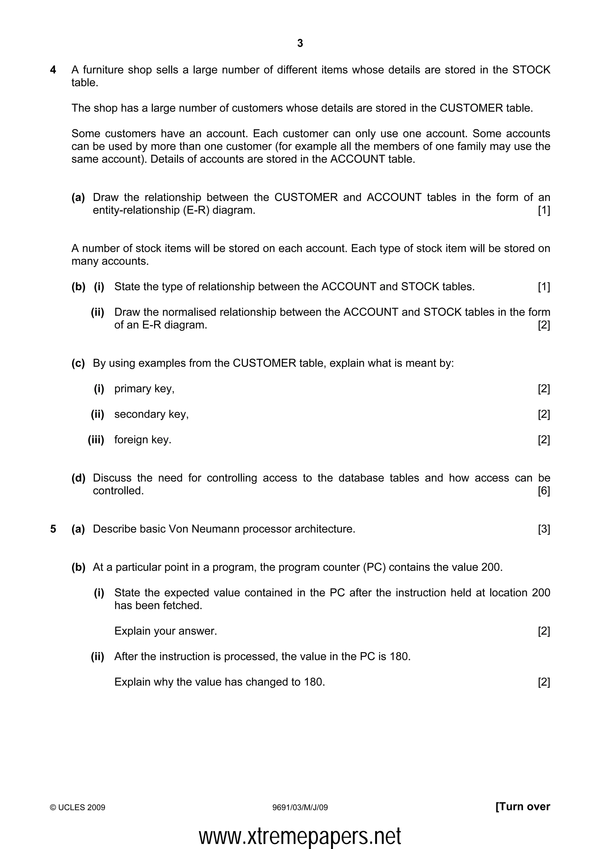 3

4   A furniture shop sells a large number of different items whose details are stored in the STOCK
    table.

    The shop has a large number of customers whose details are stored in the CUSTOMER table.

    Some customers have an account. Each customer can only use one account. Some accounts
    can be used by more than one customer (for example all the members of one family may use the
    same account). Details of accounts are stored in the ACCOUNT table.


    (a) Draw the relationship between the CUSTOMER and ACCOUNT tables in the form of an
        entity-relationship (E-R) diagram.                                           [1]


    A number of stock items will be stored on each account. Each type of stock item will be stored on
    many accounts.

    (b) (i) State the type of relationship between the ACCOUNT and STOCK tables.                  [1]

        (ii) Draw the normalised relationship between the ACCOUNT and STOCK tables in the form
             of an E-R diagram.                                                             [2]


    (c) By using examples from the CUSTOMER table, explain what is meant by:

         (i) primary key,                                                                         [2]

        (ii) secondary key,                                                                       [2]

        (iii) foreign key.                                                                        [2]


    (d) Discuss the need for controlling access to the database tables and how access can be
        controlled.                                                                       [6]


5   (a) Describe basic Von Neumann processor architecture.                                        [3]


    (b) At a particular point in a program, the program counter (PC) contains the value 200.

         (i) State the expected value contained in the PC after the instruction held at location 200
             has been fetched.

               Explain your answer.                                                               [2]

        (ii) After the instruction is processed, the value in the PC is 180.

               Explain why the value has changed to 180.                                          [2]




© UCLES 2009                                  9691/03/M/J/09                              [Turn over


                               www.xtremepapers.net
 