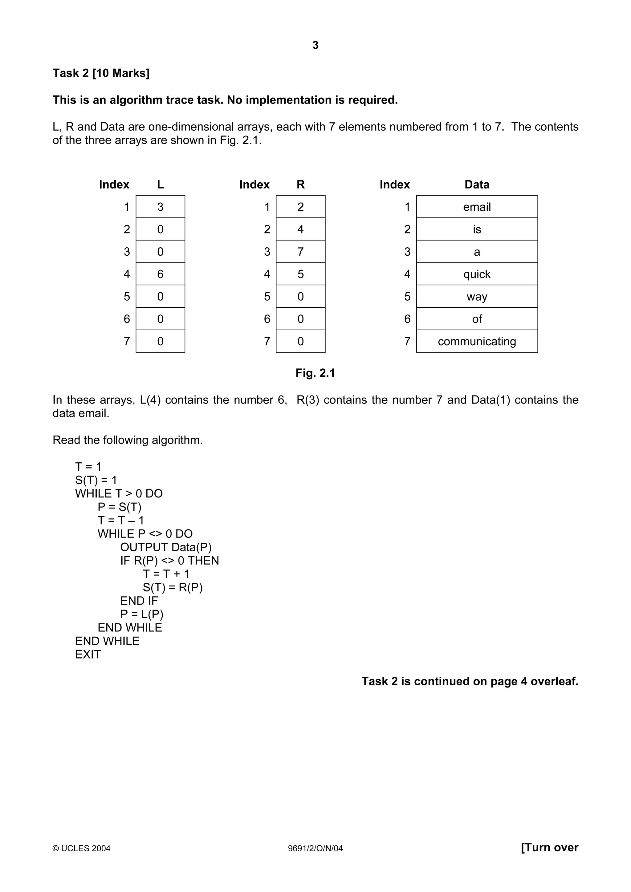 3

Task 2 [10 Marks]

This is an algorithm trace task. No implementation is required.

L, R and Data are one-dimensional arrays, each with 7 elements numbered from 1 to 7. The contents
of the three arrays are shown in Fig. 2.1.


         Index      L             Index      R                Index          Data
               1    3                 1      2                    1          email
               2    0                 2      4                    2            is
               3    0                 3      7                    3            a
               4    6                 4      5                    4          quick
               5    0                 5      0                    5          way
               6    0                 6      0                    6           of
               7    0                 7      0                    7     communicating

                                            Fig. 2.1

In these arrays, L(4) contains the number 6, R(3) contains the number 7 and Data(1) contains the
data email.

Read the following algorithm.

    T=1
    S(T) = 1
    WHILE T > 0 DO
        P = S(T)
        T=T–1
        WHILE P <> 0 DO
             OUTPUT Data(P)
             IF R(P) <> 0 THEN
                 T=T+1
                 S(T) = R(P)
             END IF
             P = L(P)
        END WHILE
    END WHILE
    EXIT

                                                           Task 2 is continued on page 4 overleaf.




© UCLES 2004                               9691/2/O/N/04                                [Turn over
 