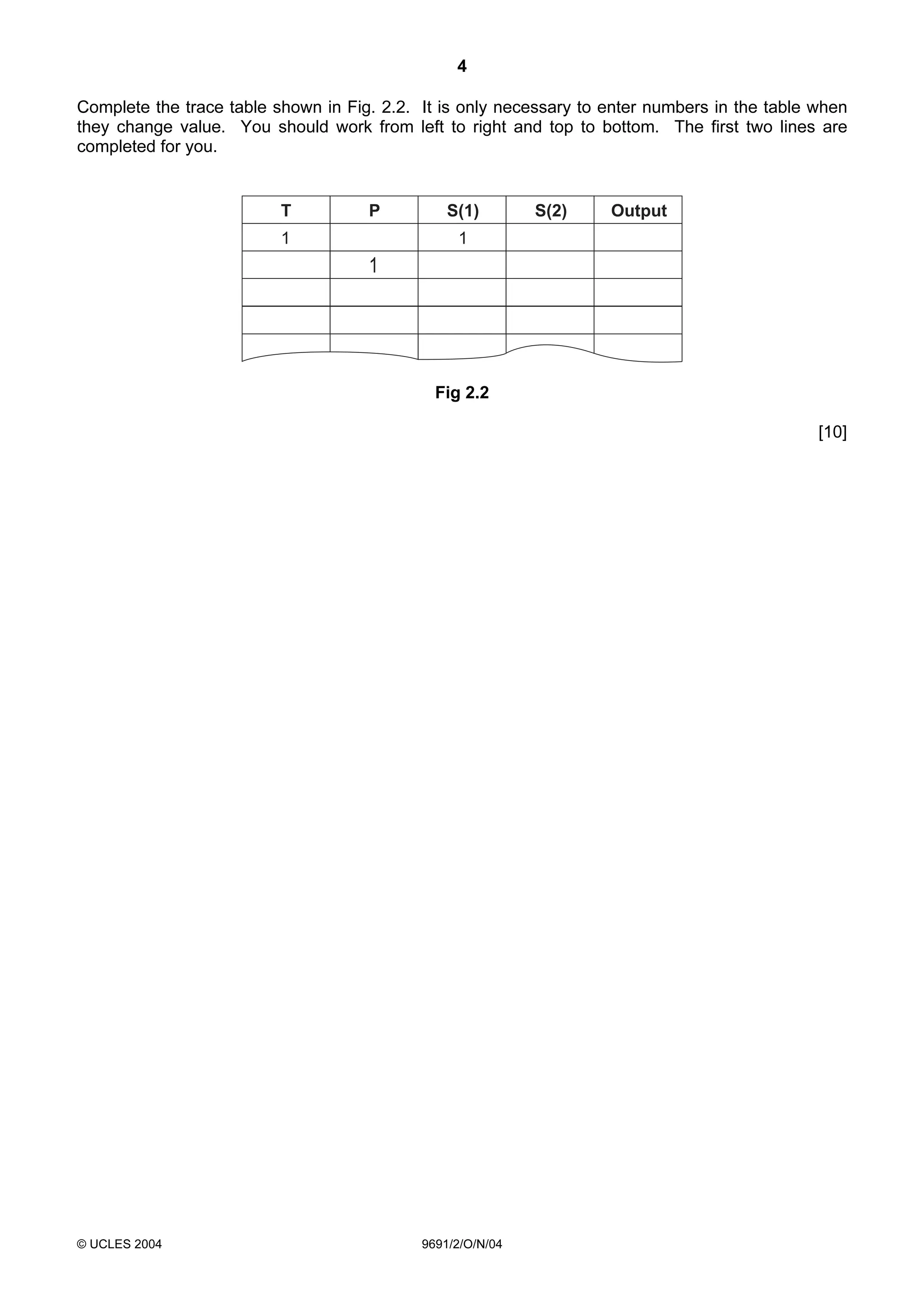 4

Complete the trace table shown in Fig. 2.2. It is only necessary to enter numbers in the table when
they change value. You should work from left to right and top to bottom. The first two lines are
completed for you.


                          T          P          S(1)        S(2)    Output
                          1                      1
                                     1




                                              Fig 2.2

                                                                                               [10]




© UCLES 2004                                9691/2/O/N/04
 