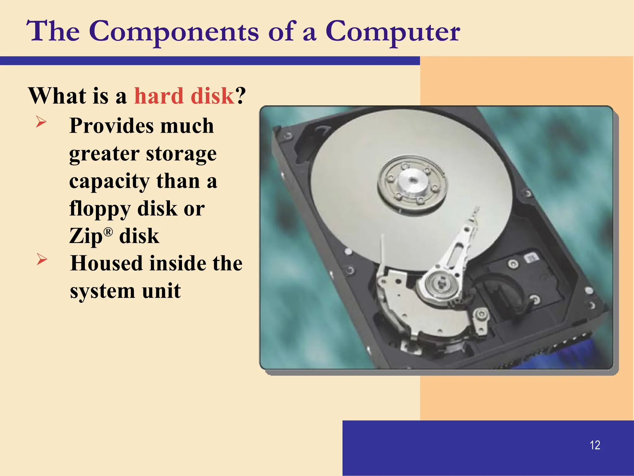 12
The Components of a Computer
What is a hard disk?
 Provides much
greater storage
capacity than a
floppy disk or
Zip®
disk
 Housed inside the
system unit
 