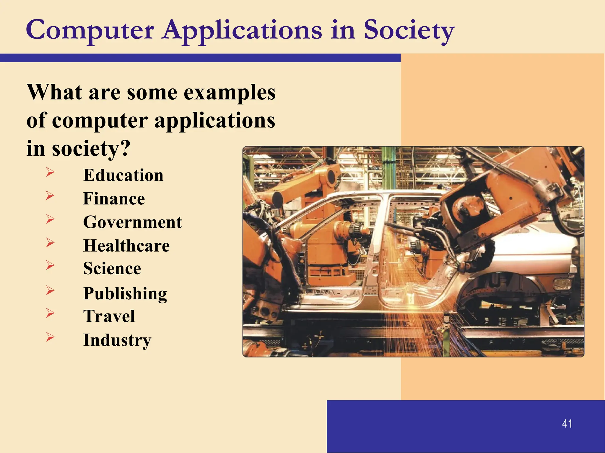 41
Computer Applications in Society
What are some examples
of computer applications
in society?
 Education
 Finance
 Government
 Healthcare
 Science
 Publishing
 Travel
 Industry
 