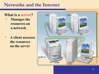 18
Networks and the Internet
What is a server?
 Manages the
resources on
a network
 A client accesses
the resources
on the server
 
