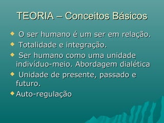  O ser humano é um ser em relação.O ser humano é um ser em relação.
 Totalidade e integração.Totalidade e integração.
 Ser humano como uma unidadeSer humano como uma unidade
indivíduo-meio. Abordagem dialéticaindivíduo-meio. Abordagem dialética
 Unidade de presente, passado eUnidade de presente, passado e
futuro.futuro.
 Auto-regulaçãoAuto-regulação
TEORIA – Conceitos BásicosTEORIA – Conceitos Básicos
 