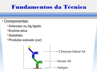 Fundamentos da Técnica
• Componentes:
Anticorpo ou Ag ligado
Enzima ativa
Substrato
Produtos solúveis (cor)
Antigen
Serum Ab
2 Enzyme-linked Ab
 