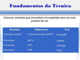 Fundamentos da Técnica
Enzima Substrato Cor
Fosfatase alcalina P-nitrofenil-fosfato (pNPP) Amarelo
Peroxidase ABTS Verde
Peroxidase OPD Laranja
Peroxidase TMB Azul
Comuns: enzimas que convertem um substrato sem cor num
produto de cor
 