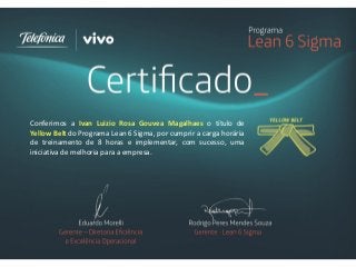 Conferimos a Ivan Luizio Rosa Gouvea Magalhaes o título de
Yellow Belt do Programa Lean 6 Sigma, por cumprir a carga horária
de treinamento de 8 horas e implementar, com sucesso, uma
iniciativa de melhoria para a empresa.
 