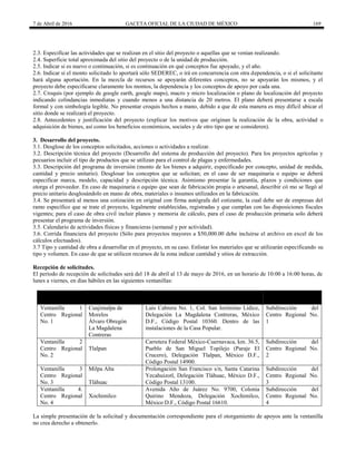 7 de Abril de 2016 GACETA OFICIAL DE LA CIUDAD DE MÉXICO 169
2.3. Especificar las actividades que se realizan en el sitio del proyecto o aquellas que se venían realizando.
2.4. Superficie total aproximada del sitio del proyecto o de la unidad de producción.
2.5. Indicar si es nuevo o continuación, si es continuación en qué conceptos fue apoyado, y el año.
2.6. Indicar si el monto solicitado lo aportará sólo SEDEREC, o irá en concurrencia con otra dependencia, o si el solicitante
hará alguna aportación. En la mezcla de recursos se apoyarán diferentes conceptos, no se apoyarán los mismos, y el
proyecto debe especificarse claramente los montos, la dependencia y los conceptos de apoyo por cada una.
2.7. Croquis (por ejemplo de google earth, google maps), macro y micro localización o plano de localización del proyecto
indicando colindancias inmediatas y cuando menos a una distancia de 20 metros. El plano deberá presentarse a escala
formal y con simbología legible. No presentar croquis hechos a mano, debido a que de esta manera es muy difícil ubicar el
sitio donde se realizará el proyecto.
2.8. Antecedentes y justificación del proyecto (explicar los motivos que originan la realización de la obra, actividad o
adquisición de bienes, así como los beneficios económicos, sociales y de otro tipo que se consideren).
3. Desarrollo del proyecto.
3.1. Desglose de los conceptos solicitados, acciones o actividades a realizar.
3.2. Descripción técnica del proyecto (Desarrollo del sistema de producción del proyecto). Para los proyectos agrícolas y
pecuarios incluir el tipo de productos que se utilizan para el control de plagas y enfermedades.
3.3. Descripción del programa de inversión (monto de los bienes a adquirir, especificado por concepto, unidad de medida,
cantidad y precio unitario). Desglosar los conceptos que se solicitan; en el caso de ser maquinaria o equipo se deberá
especificar marca, modelo, capacidad y descripción técnica. Asimismo presentar la garantía, plazos y condiciones que
otorga el proveedor. En caso de maquinaria o equipo que sean de fabricación propia o artesanal, describir có mo se llegó al
precio unitario desglosándolo en mano de obra, materiales o insumos utilizados en la fabricación.
3.4. Se presentará al menos una cotización en original con firma autógrafa del cotizante, la cual debe ser de empresas del
ramo específico que se trate el proyecto, legalmente establecidas, registradas y que cumplan con las disposiciones fiscales
vigentes; para el caso de obra civil incluir planos y memoria de cálculo, para el caso de producción primaria solo deberá
presentar el programa de inversión.
3.5. Calendario de actividades físicas y financieras (semanal y por actividad).
3.6. Corrida financiera del proyecto (Sólo para proyectos mayores a $50,000.00 debe incluirse el archivo en excel de los
cálculos efectuados).
3.7 Tipo y cantidad de obra a desarrollar en el proyecto, en su caso. Enlistar los materiales que se utilizarán especificando su
tipo y volumen. En caso de que se utilicen recursos de la zona indicar cantidad y sitios de extracción.
Recepción de solicitudes.
El período de recepción de solicitudes será del 18 de abril al 13 de mayo de 2016, en un horario de 10:00 a 16:00 horas, de
lunes a viernes, en días hábiles en las siguientes ventanillas:
VENTANILLA
ÁMBITO DE
COMPETENCIA
DOMICILIO
ÁREA
RESPONSABLE
Ventanilla 1
Centro Regional
No. 1
Cuajimalpa de
Morelos
Álvaro Obregón
La Magdalena
Contreras
Luis Cabrera No. 1, Col. San Jerónimo Lídice,
Delegación La Magdalena Contreras, México
D.F., Código Postal 10360. Dentro de las
instalaciones de la Casa Popular.
Subdirección del
Centro Regional No.
1
Ventanilla 2
Centro Regional
No. 2
Tlalpan
Carretera Federal México-Cuernavaca, km. 36.5,
Pueblo de San Miguel Topilejo (Paraje El
Crucero), Delegación Tlalpan, México D.F.,
Código Postal 14900.
Subdirección del
Centro Regional No.
2
Ventanilla 3
Centro Regional
No. 3
Milpa Alta
Tláhuac
Prolongación San Francisco s/n, Santa Catarina
Yecahuizotl, Delegación Tláhuac, México D.F.,
Código Postal 13100.
Subdirección del
Centro Regional No.
3
Ventanilla 4.
Centro Regional
No. 4
Xochimilco
Avenida Año de Juárez No. 9700, Colonia
Quirino Mendoza, Delegación Xochimilco,
México D.F., Código Postal 16610.
Subdirección del
Centro Regional No.
4
La simple presentación de la solicitud y documentación correspondiente para el otorgamiento de apoyos ante la ventanilla
no crea derecho a obtenerlo.
 