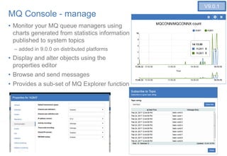 34
MQ Console - manage
• Monitor your MQ queue managers using
charts generated from statistics information
published to system topics
– added in 9.0.0 on distributed platforms
• Display and alter objects using the
properties editor
• Browse and send messages
• Provides a sub-set of MQ Explorer function
V9.0.1
 