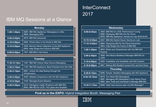 38
InterConnect
2017
IBM MQ Sessions at a Glance
38
Monday
1:00-1:45pm 6880 IBM MQ Appliance: Messaging in a Box
6894 Messaging APIs
2:00-2:45pm 6879 IBM MQ Advanced
3:15-4:00pm 6882 What’s New in the World of IBM MQ
4:15-5:00pm 3559 Banrisul Bank’s Migration to the MQ Appliance
6904 Help Shape the Future of IBM MQ
6:00-6:20pm 7441 IBM MQ in the Cloud
Tuesday
11:30-12:15pm 1487 IBM MQ Versus Open Source Messaging
1:30-2:15pm 1183 IBM MQ Appliance: Best Practices from the Field
2:30-3:15pm 6881 Unlock the data flowing through the
infrastructure
3:45-4:30pm 4555 Allstate’s Experience with the MQ Appliance
4:15-4:35pm 7440 Managed Event Streams
4:45-5:30pm 5214 Managing Loyalty Programs with IBM MQ
6895 IBM MQ for z/OS: The Latest and Greatest
Wednesday
8:00-8:45am 2699 IBM MQ for z/OS: Performance Tuning
6885 Deploying IBM MQ into the Cloud
6906 IBM MQ Appliance: Hands-on Lab (8:00-9-45)
10:15-12:00pm 6907 IBM MQ Hybrid Cloud: Hands-on Lab
11:15-12:00pm 6884 Designing MQ for the Cloud Generation
6904 Help Shape the Future of IBM MQ
1:00-1:45pm 6903 Share your Experiences with the IBM MQ
Experts
2:00-2:45pm 3695 How Banco Bradesco Manages IBM MQ for
z/OS
3:15-4:00pm 6892 Availability and Scalability with MQ Clusters
4:15-5:00pm 6891 Making MQ Resilient across DCs and the Cloud
6893 Keep Out the Bad Guys by Securing MQ
Thursday
8:30-9:15am 6886 Simple, Resilient Messaging with MQ Appliance
9:30-10:15am 6878 You Need MQ Messaging!
6887 Managing MQ Messaging in the Hybrid Cloud
6890 New Tools and Interfaces to Manage IBM MQ
10:30-11:15am 6889 Help! Has Anyone seen my MQ Message?
Find us in the EXPO: Hybrid Integration Booth, Messaging Ped
 