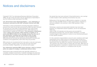3939 3/29/2017
Notices and disclaimers
Copyright © 2017 by International Business Machines Corporation
(IBM). No part of this document may be reproduced or transmitted in
any form without written permission from IBM.
U.S. Government Users Restricted Rights — use, duplication or
disclosure restricted by GSA ADP Schedule Contract with IBM.
Information in these presentations (including information relating to
products that have not yet been announced by IBM) has been reviewed
for accuracy as of the date of initial publication and could include
unintentional technical or typographical errors. IBM shall have no
responsibility to update this information. This document is distributed
“as is” without any warranty, either express or implied. In no
event shall IBM be liable for any damage arising from the use of
this information, including but not limited to, loss of data,
business interruption, loss of profit or loss of opportunity.
IBM products and services are warranted according to the terms and
conditions of the agreements under which they are provided.
IBM products are manufactured from new parts or new and used parts.
In some cases, a product may not be new and may have been
previously installed. Regardless, our warranty terms apply.”
Any statements regarding IBM's future direction, intent or product
plans are subject to change or withdrawal without notice.
Performance data contained herein was generally obtained in a
controlled, isolated environments. Customer examples are presented
as illustrations of how those customers have used IBM products and
the results they may have achieved. Actual performance, cost, savings
or other results in other operating environments may vary.
References in this document to IBM products, programs, or services
does not imply that IBM intends to make such products, programs or
services available in all countries in which IBM operates or does
business.
Workshops, sessions and associated materials may have been
prepared by independent session speakers, and do not necessarily
reflect the
views of IBM. All materials and discussions are provided for
informational purposes only, and are neither intended to, nor shall
constitute legal or other guidance or advice to any individual participant
or their specific situation.
It is the customer’s responsibility to insure its own compliance with legal
requirements and to obtain advice of competent legal counsel as to
the identification and interpretation of any relevant laws and regulatory
requirements that may affect the customer’s business and any actions
the customer may need to take to comply with such laws. IBM does not
provide legal advice or represent or warrant that its services or products
will ensure that the customer is in compliance with any law.
 