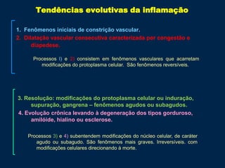 Tendências evolutivas da inflamação
1. Fenômenos iniciais de constrição vascular.
2. Dilatação vascular consecutiva caracterizada por congestão e
diapedese.
3. Resolução: modificações do protoplasma celular ou induração,
supuração, gangrena – fenômenos agudos ou subagudos.
4. Evolução crônica levando à degeneração dos tipos gorduroso,
amilóide, hialino ou esclerose.
Processos l) e 2) consistem em fenômenos vasculares que acarretam
modificações do protoplasma celular. São fenômenos reversíveis.
Processos 3) e 4) subentendem modificações do núcleo celular, de caráter
agudo ou subagudo. São fenômenos mais graves. Irreversíveis. com
modificações celulares direcionando à morte.
 