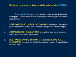 Síntese dos mecanismos defensivos da PSORA
Sendo a PSORA predominantemente uma auto-intoxicação
endógena, por insuficiência de eliminação, suas reações costumam
representar:
1. EXTERIORIZAÇÃO AGUDA DE TOXINAS no decurso de doença
geral, direcionada para a pele, pulmões, amígdalas ou outro órgão.
2. COMPENSAÇÃO ELIMINATÓRIA ao nível da pele ou mucosas, a
exemplo dos eczemas e diarréias.
3. NEUTRALIZAÇÃO DE TOXINAS ou dos PRODUTOS NÃO
ELIMINADOS ao nível dos tecidos (obesidade) ou dos órgãos (litíase
renal ou biliar).
 