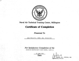 ''4/
.f
Naval Air Technical Training Center, Millington
Certificate of Completion
Presented To
AEAA PHILLIP M. JONES, USN, 378-92-7901
For Satisfactory Completion of the
AVIATION ELECTRICIAN'S MATE COURSE, CLASS Ai
03 JUNE 1993
Date ~
~~ ~ARKER, ~R., CAPTAIN, USN
~~nding Officer
 